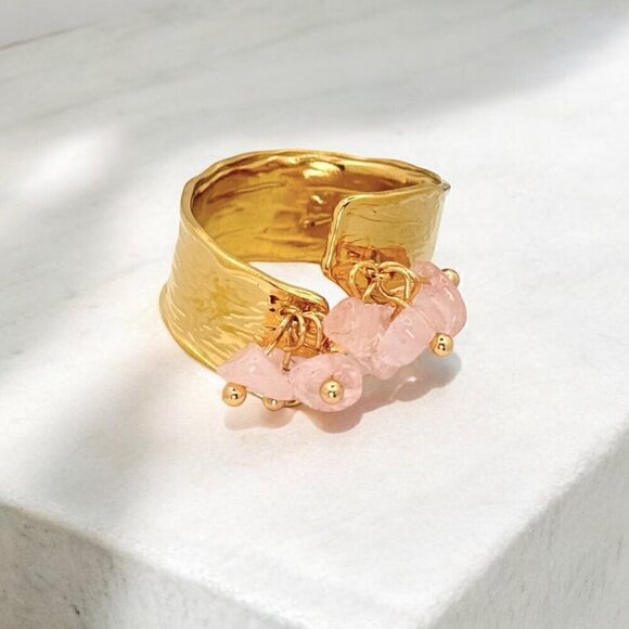 NWT Wide Band Ring 18K Gold Plated Rose Quartz Beads Open Adjustable Size - Picture 6 of 8